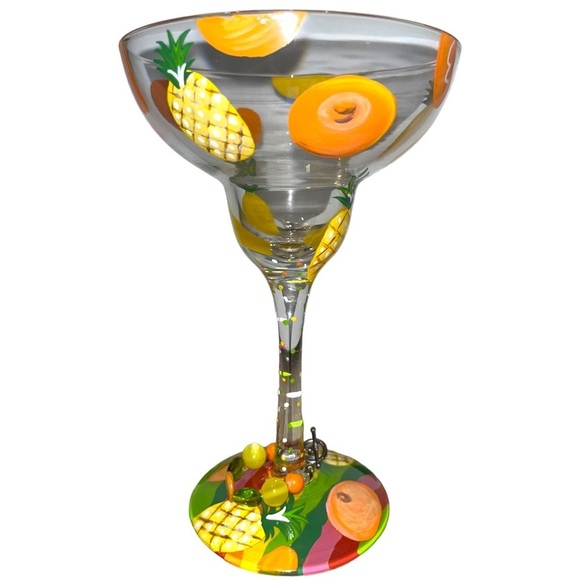 Lolita Set Of 2 Hand Painted Fruit Pineapple & Strawberry Margarita Glasses - Picture 6 of 8